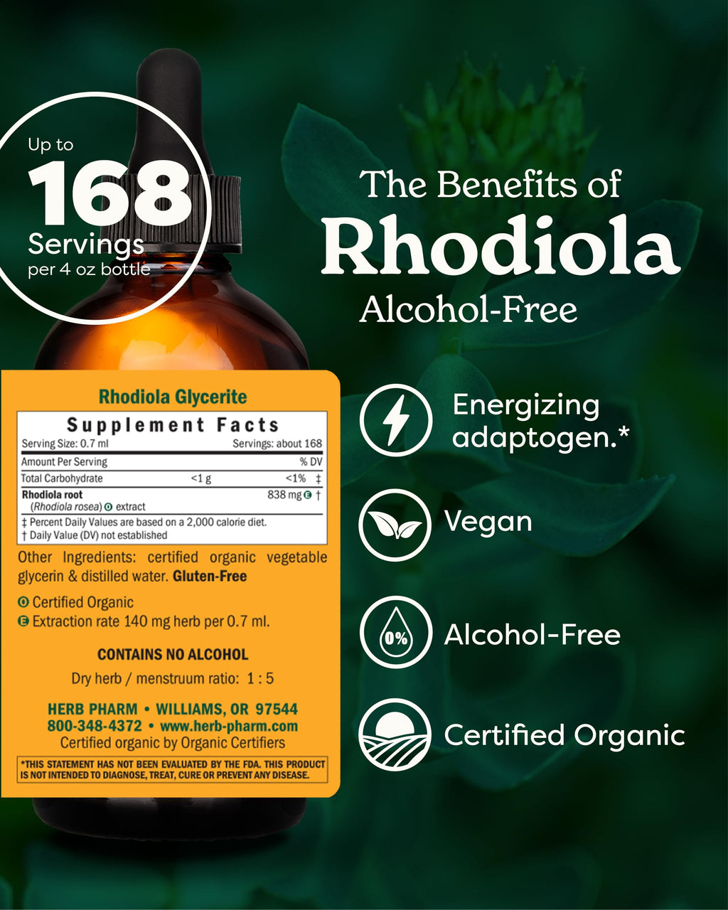 Herb Pharm Certified Organic Rhodiola Root Extract for Energy, Endurance and Stamina, Alcohol-Free Glycerite, 4 Ounce