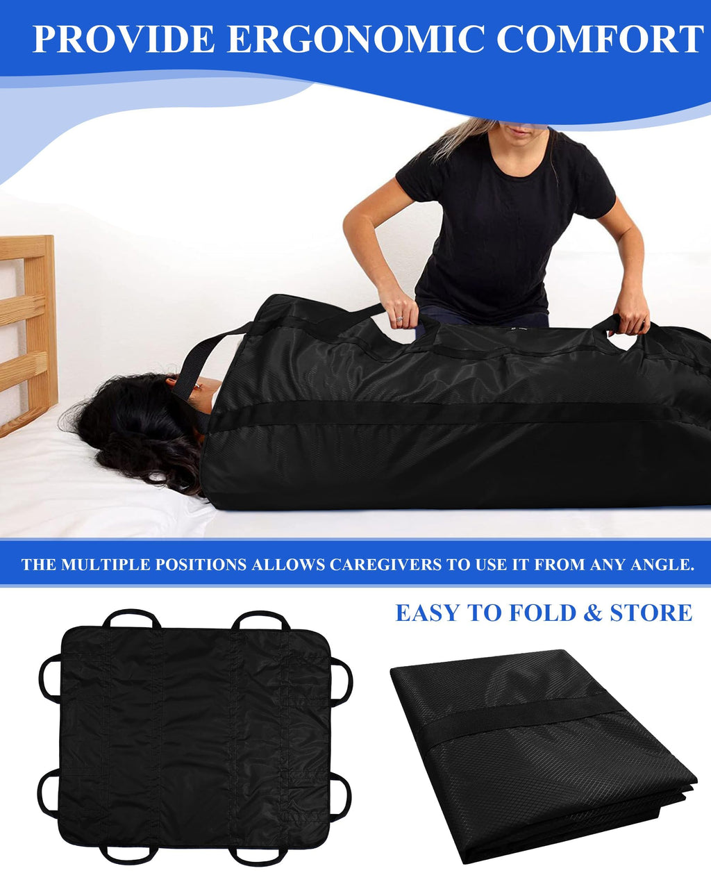 SPRING SEAON Patient Positioning Bed Pad with Handles – Transfer & Slide Sheet for Elderly Care, Waterproof Washable Draw Sheet for Hospital or Home Use, 46.5" x 38.5", 450 LBS Support,Black