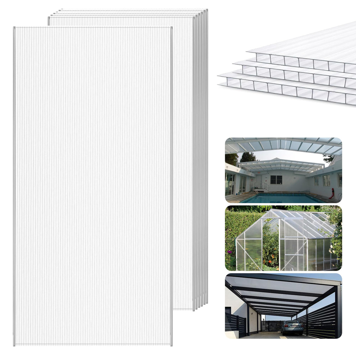 6 Pcs Polycarbonate Greenhouse Panels,4' x 2' x 0.16'' Twin-Wall Plastic roof Panels,Waterproof UV Protected Clear Corrugated Polycarbonate Sheet for All Weather Outdoor Garden Greenhouse Replacement