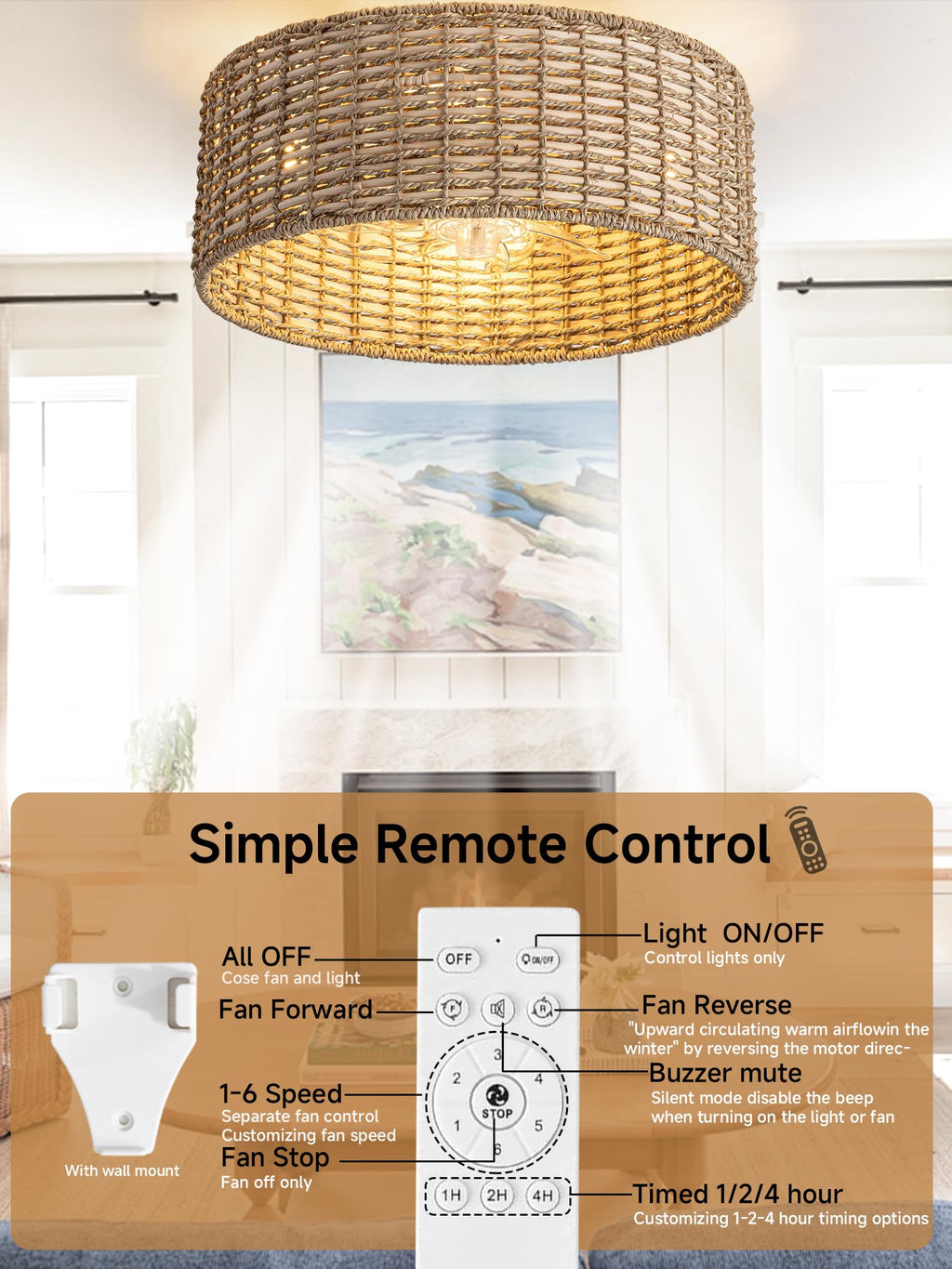 DARYEWO Handwoven Boho Rattan Ceiling Fan with Light,Flush Mount Caged Ceiling Fans with Lights and Remote Control,Low Profile Enclosed 6 Speeds Fandelier for Bedroom Living Dining Room,4-Light