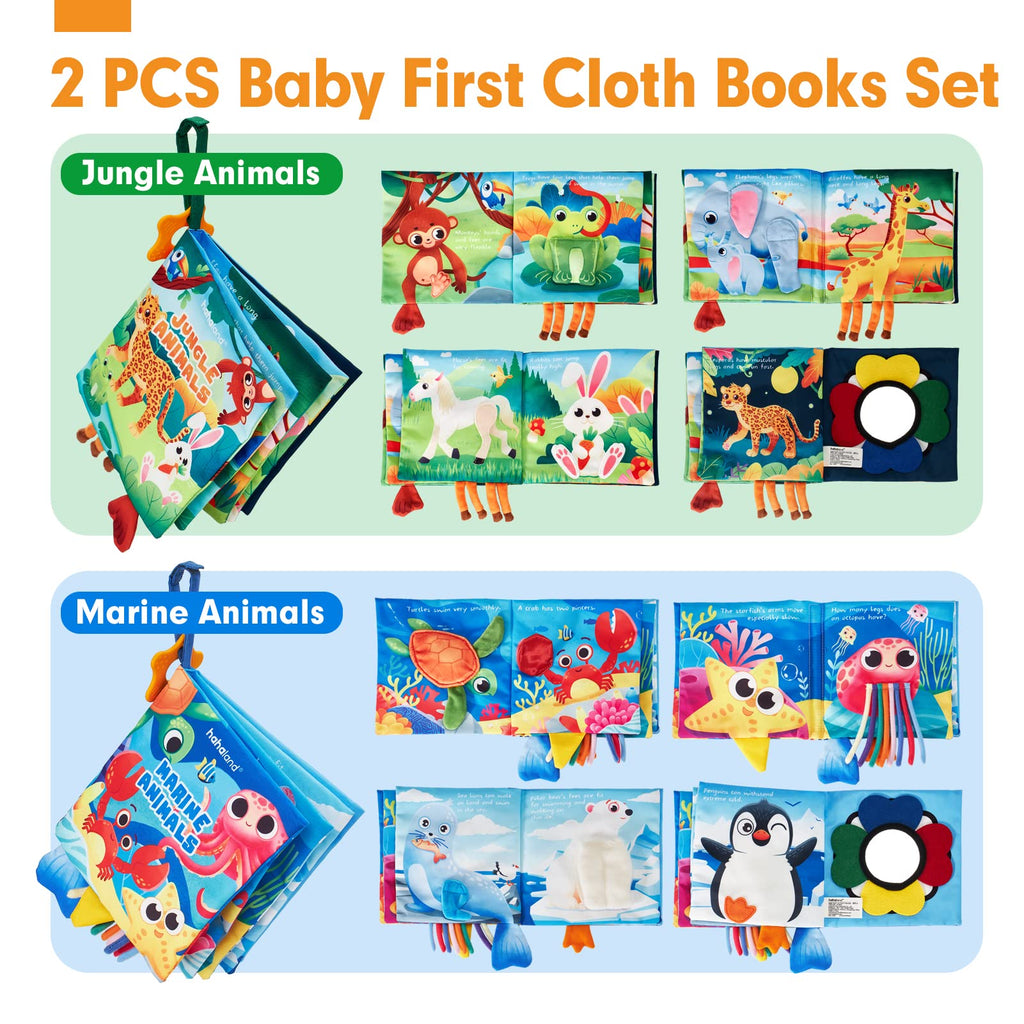 Baby Books 0-6 Months - 2 PCS Sensory Montessori Toys for Babies 0-6 Months with Crinkle Squeaky Sounds, Mirrors, Teethers - Soft Cloth Tummy Time Book Newborn Infant Toys