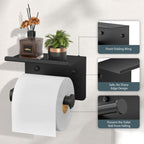 FORIOUS Toilet Paper Holder with Shelf, Adhesive or Screw Wall Mount Toilet Paper Roll Holder for Bathroom, SUS 304 Stainless Steel Commercial Toilet Tissue Holder with Storage Dispenser, Matte Black