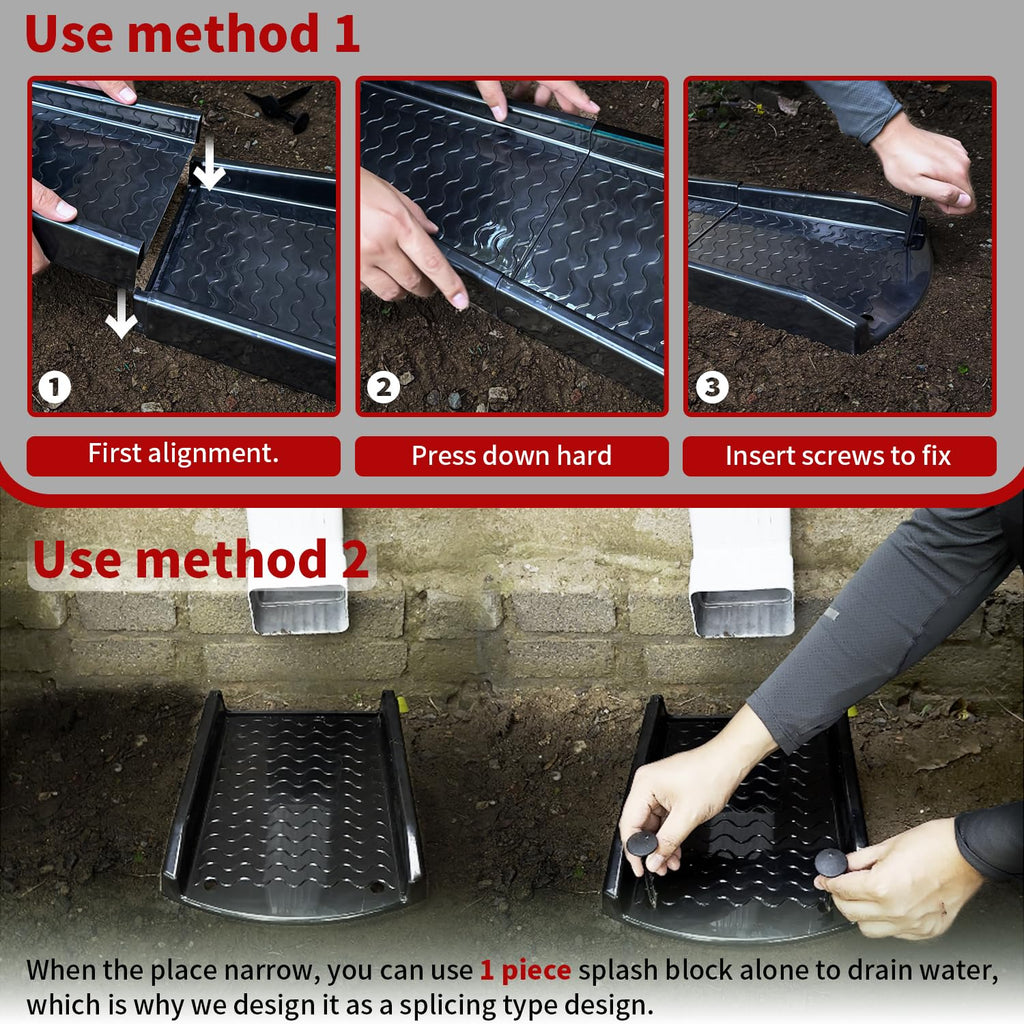 NAACOO 2 Pack Downspout Splash Block, 24" Rain Gutter Downspout Extensions/Extender with 4pc Fixing Nails, Drainage to Protect House Foundations(4 Piece|Black)