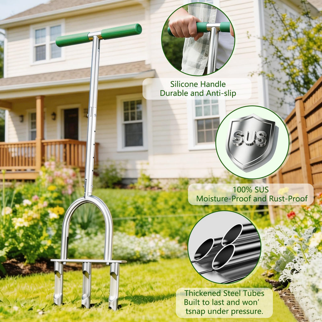 Lawn Aerator Tool, Stainless Steel Manual Core Aerator with 3 Hollow Tines