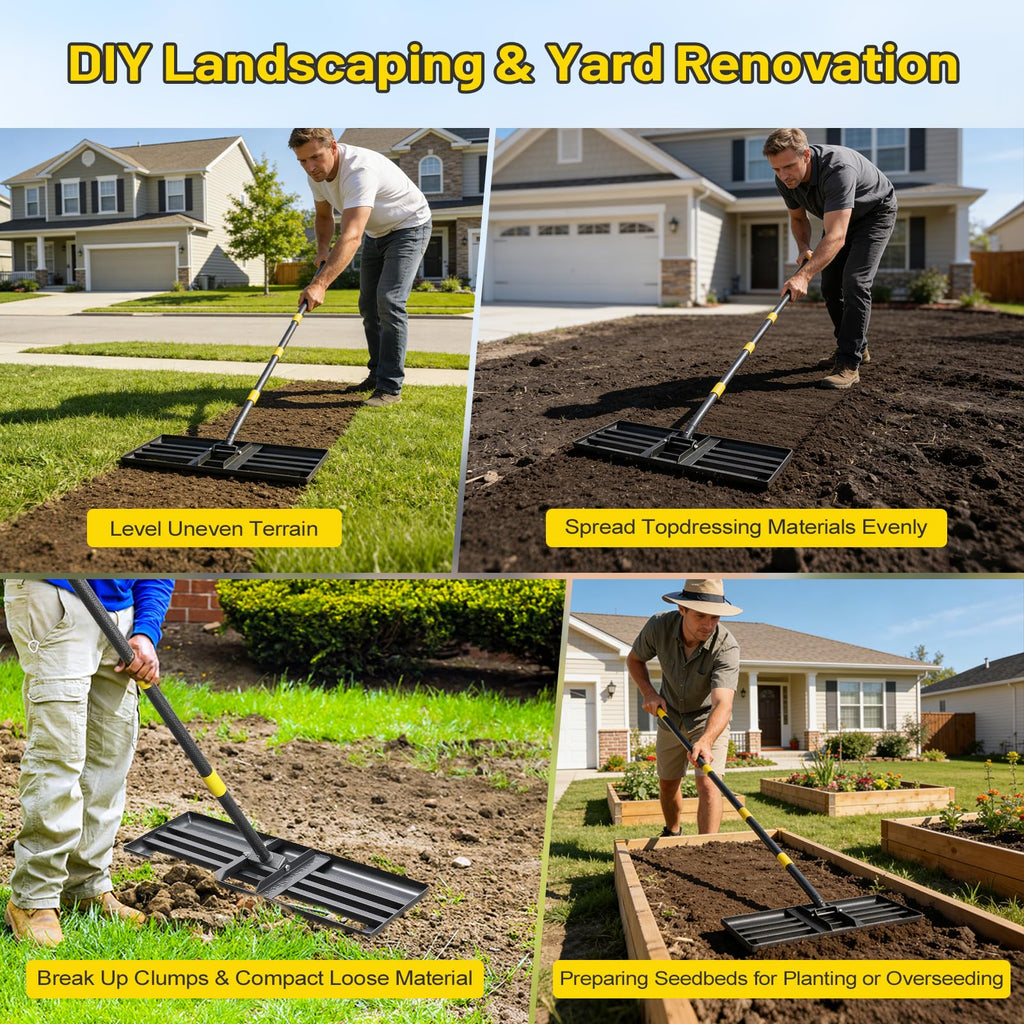 Lawn Leveling Rake,30x10 Inch Ground Plate,72 Inch Adjustable Long Handle Yard Level Tool with Curved Edge,Heavy Duty Large Landscaping Lawn Leveler for Grass, Golf Field, Soil Sand Dirt Spreader