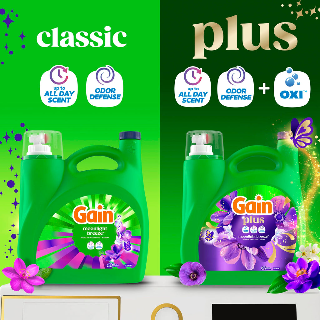 Gain Plus Liquid Laundry Detergent, Cleaner, Fresher, Now with Oxi, Moonlight Breeze Scent, 170 fl oz, 129 Loads