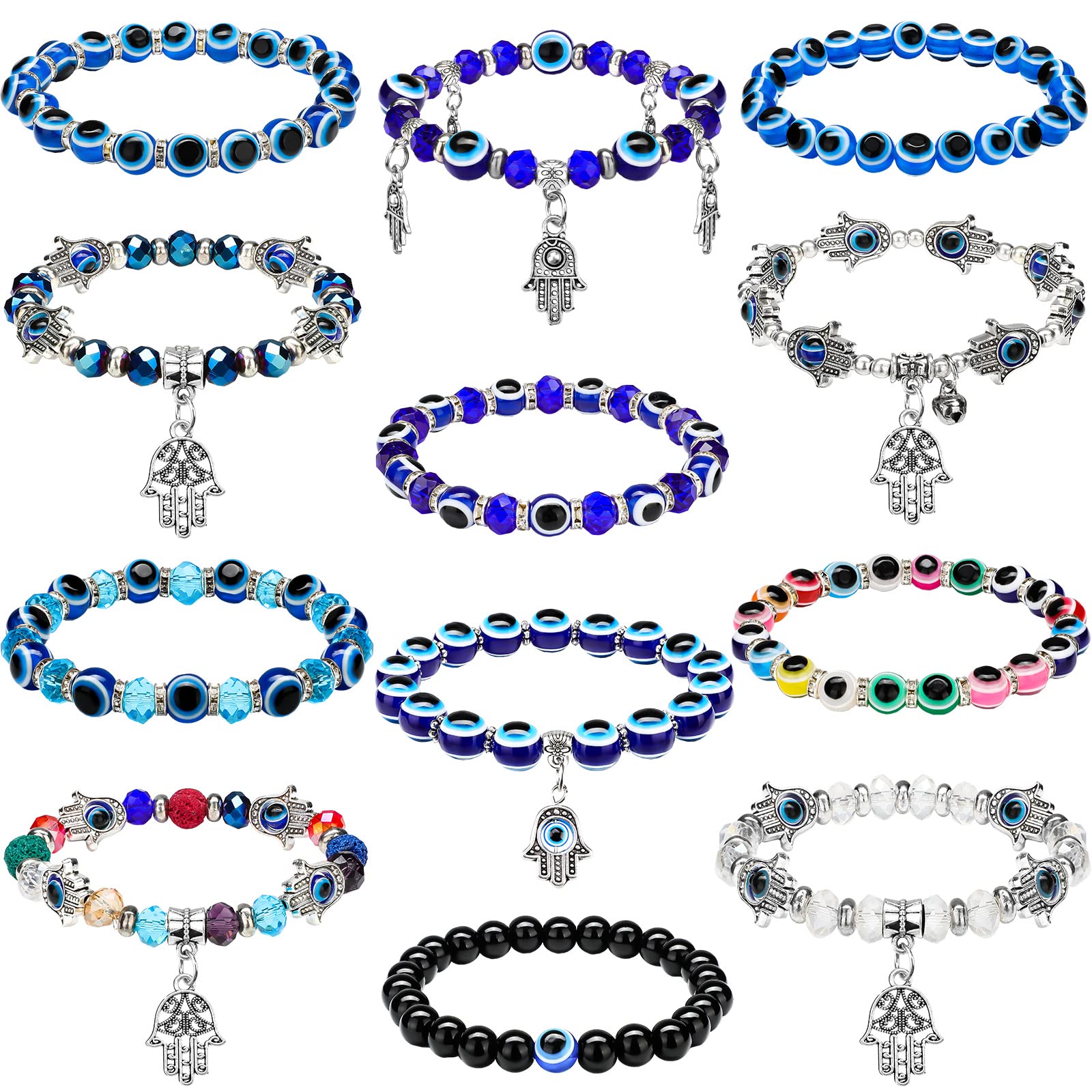 Junkin 12 Pcs Evil Eye Charm Bracelets Hamsa Beaded Charm Hand of Fatima Turkish Greek Blue Eyes Stretch Bracelet Lucky Protection Wristband for Women Men Blessing Gift