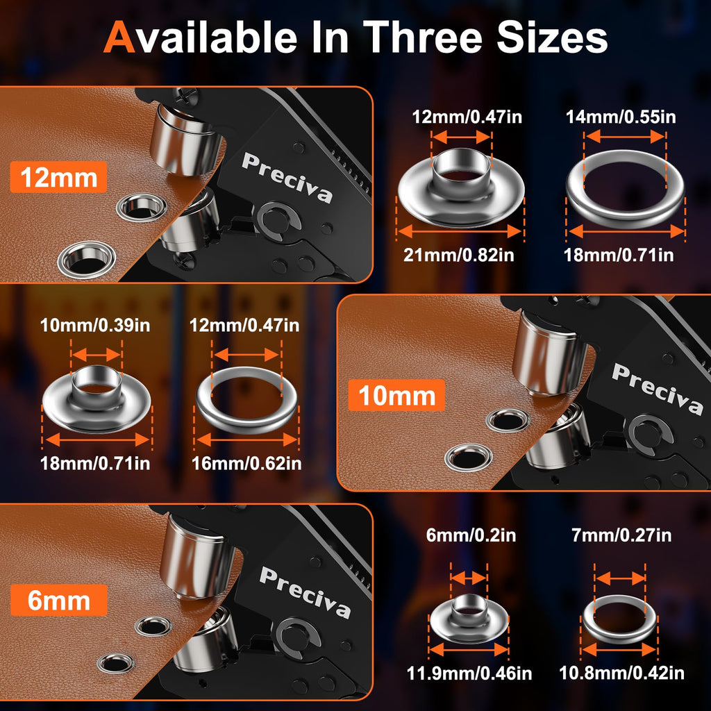 Preciva 3-Size Grommet Tool Kit - 1/2" 1/4" 3/8" Hole Punch & Eyelet Setting Tool with 300Pcs Grommets | Handheld Eyelet Plier for Tarps, Tents, Canvas, Vinyl & Leather Crafting
