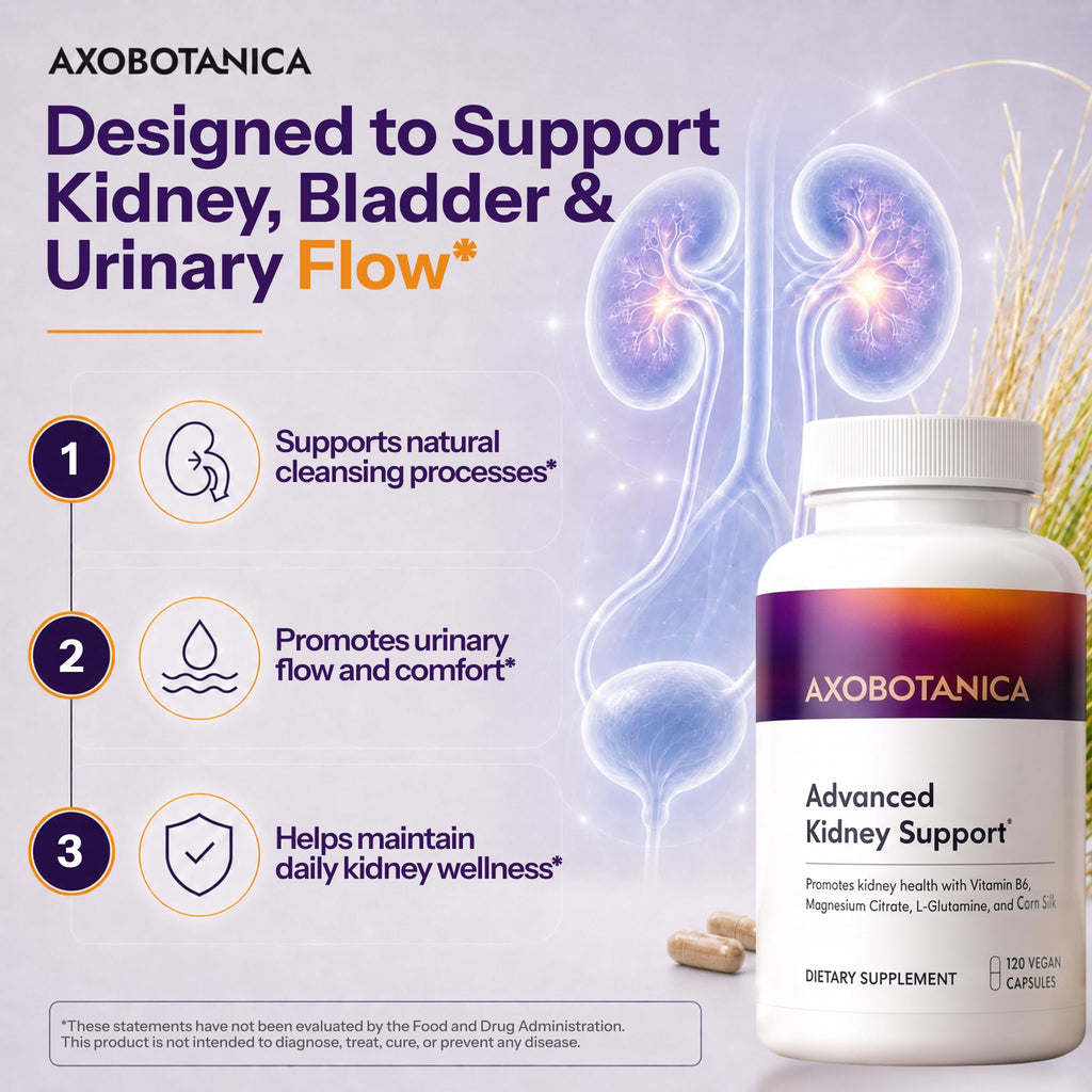 Axobotanica Kidney Cleanse Detox & Repair - Vitamin B6, Magnesium, L-Glutamine & Cornsilk - Kidney Support Supplement, Urinary Flow & Bladder Comfort - 120 Capsules (1 Bottle, 60 Servings)