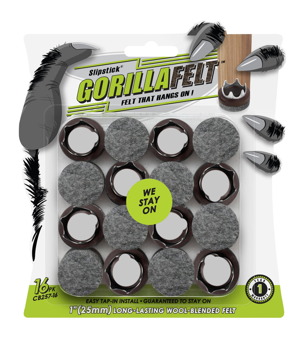 GorillaFelt Chair Leg Floor Protectors/Felt Chair Glides (Set of 16) Tap-On Felt Furniture Pads Guaranteed to Stay On, 1 Inch Round Chair Sliders