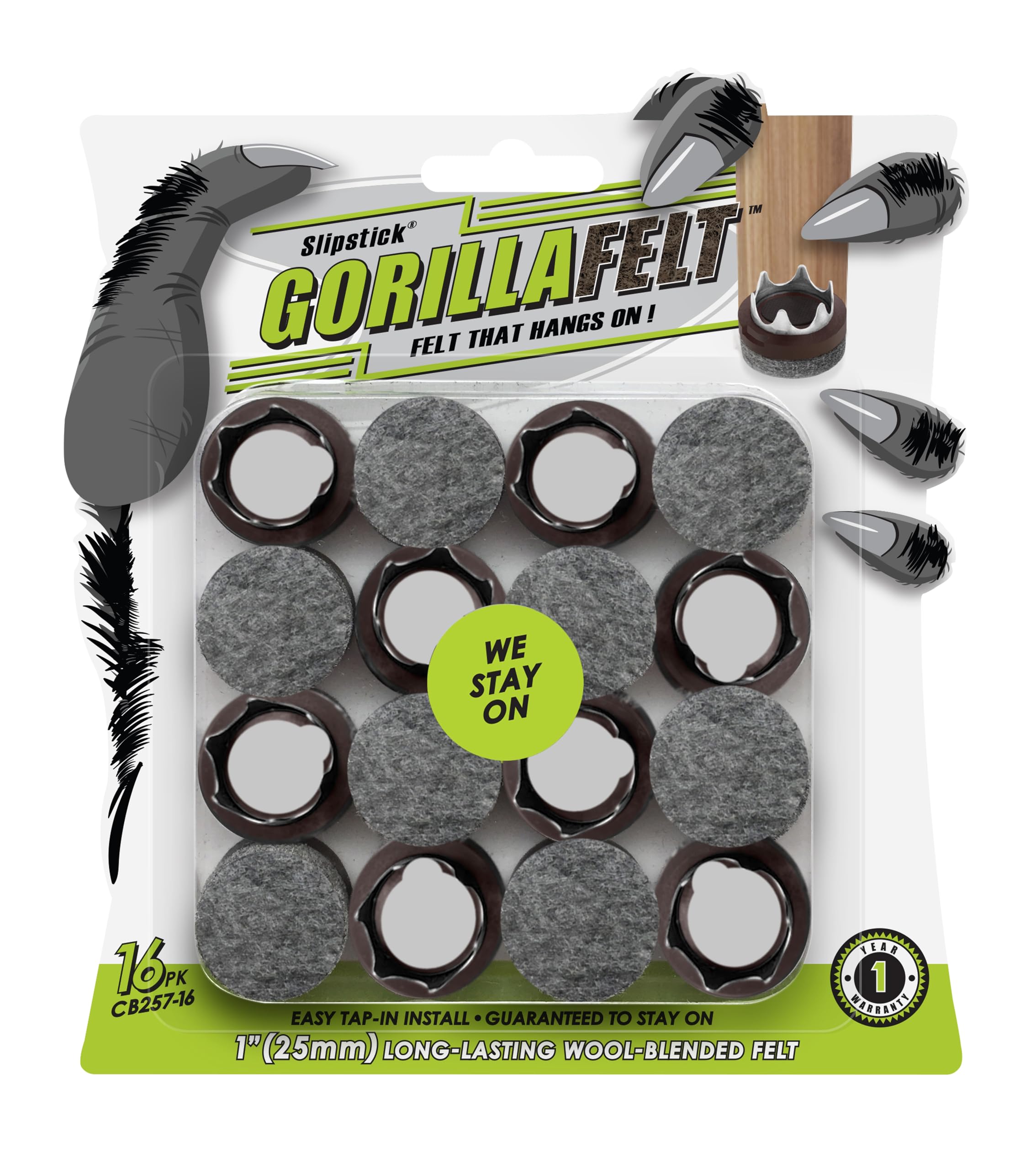 GorillaFelt Chair Leg Floor Protectors/Felt Chair Glides (Set of 16) Tap-On Felt Furniture Pads Guaranteed to Stay On, 1 Inch Round Chair Sliders