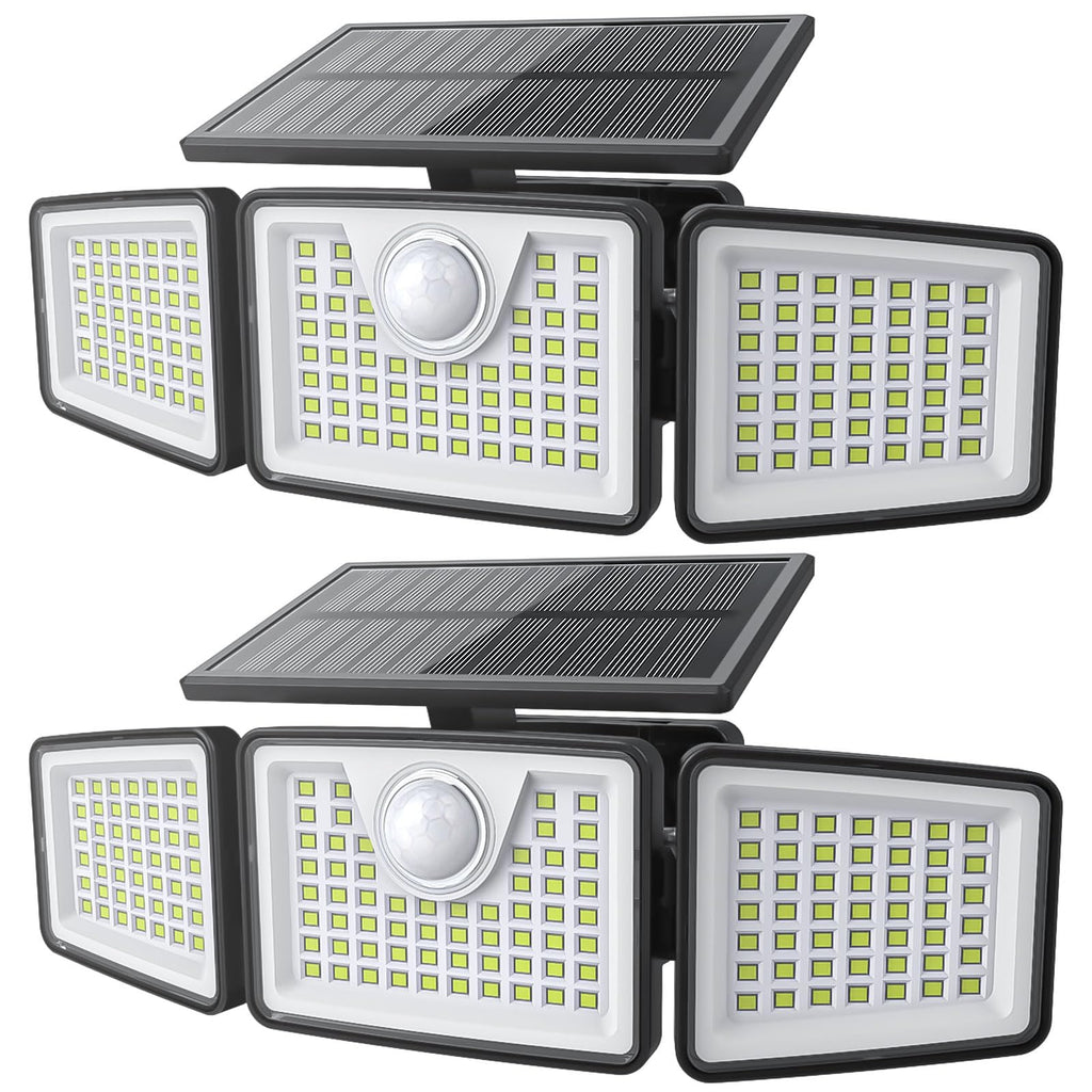 daphino 2500LM Solar Lights Outdoor with Motion Sensor,3 Head 270° Wide Angle Street Area Lights, IP65 Waterproof Security Lighting with 3 Modes(Non-Remote,2 Pcs)
