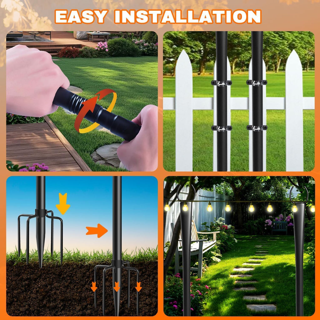 4 Pack 10Ft String Light Poles, Metal Poles with Fork for Outside Lights,Outdoor Metal Light Stand with Fence Brackets Hanging Lights for Garden Patio Wedding Backyard (4 PACK-Upgraded Version)