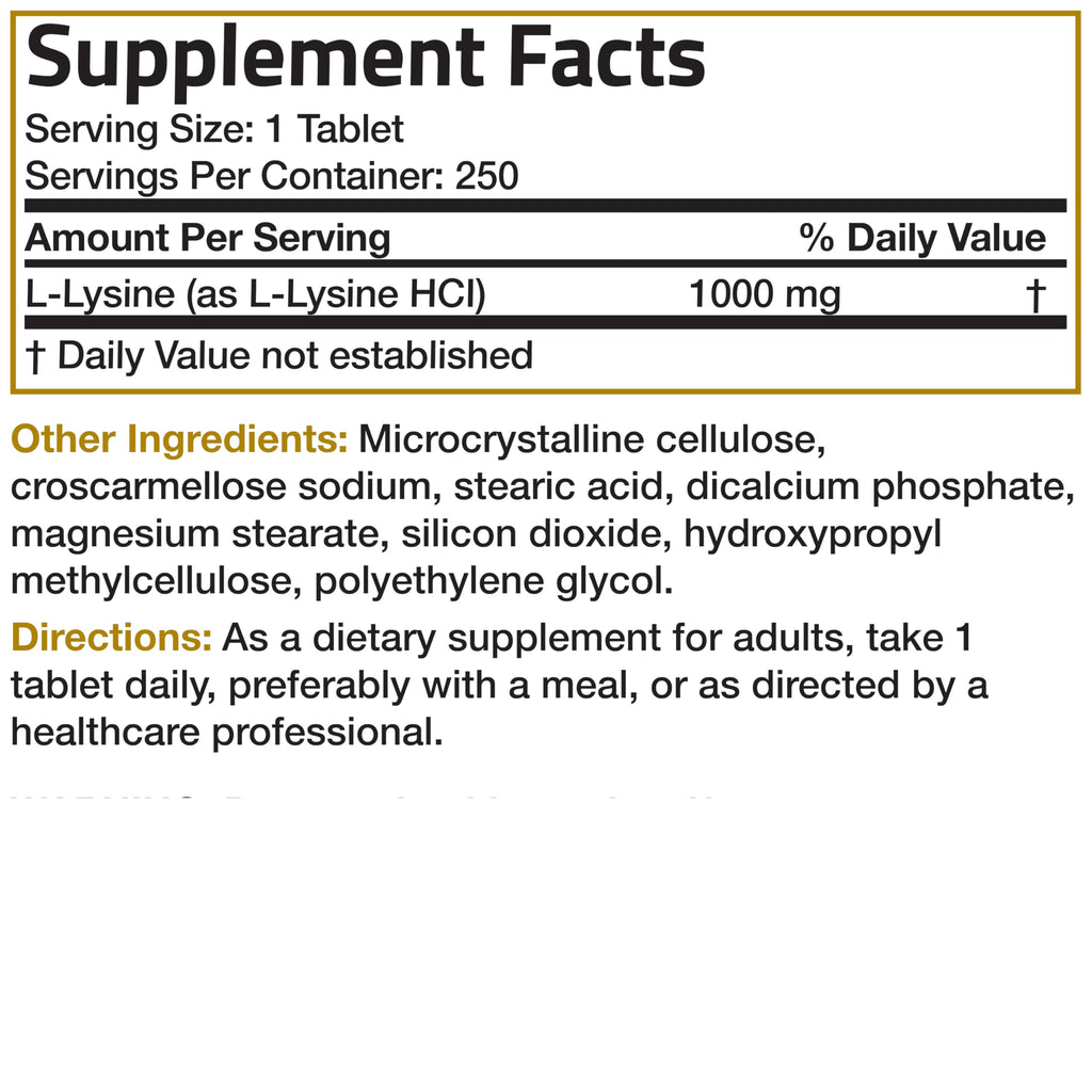 Bronson L-Lysine Extra Strength 1000 MG per Tablet High Potency, Immune Support & Supports Collagen Synthesis, Non-GMO, 250 Vegetarian Tablets