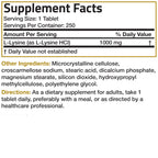 Bronson L-Lysine Extra Strength 1000 MG per Tablet High Potency, Immune Support & Supports Collagen Synthesis, Non-GMO, 250 Vegetarian Tablets