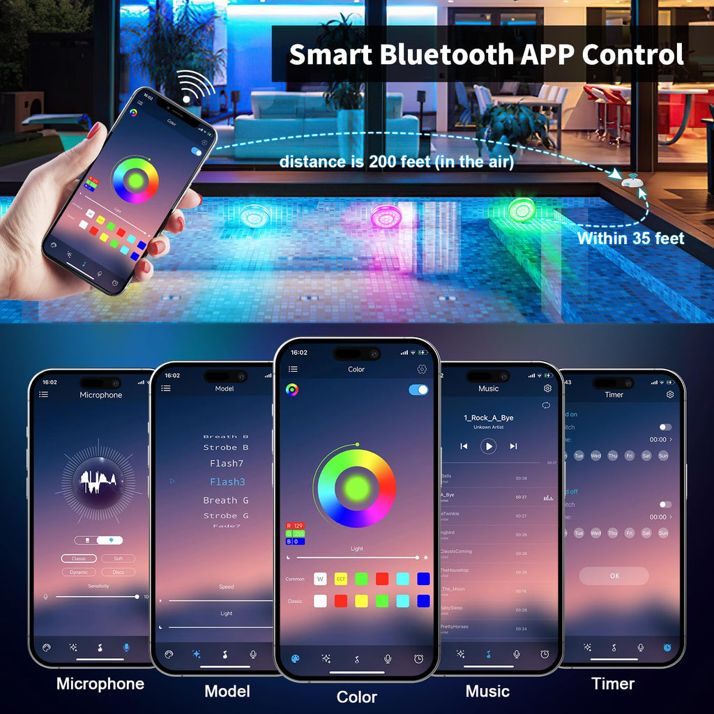 Homly Rechargeable Submersible Pool Lights with Wireless APP Control, Waterproof Underwater Smart LED Lights Controlled Multiple Lighting Modes, 4000mAh Magnets Light for Multi Scene Pool Decoration