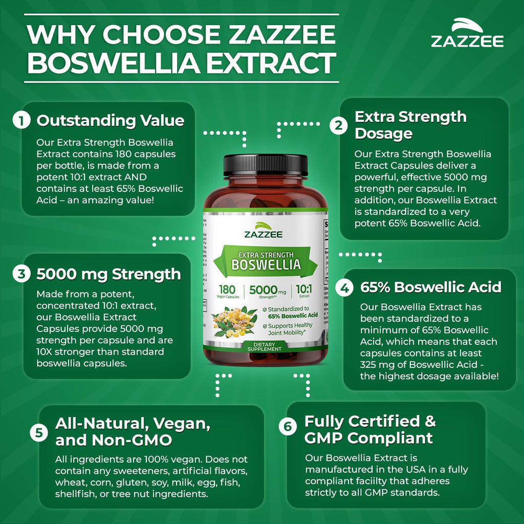 Zazzee Extra Strength Boswellia Serrata 10:1 Extract, 5000 mg Strength, 65% Boswellic Acid, 180 Vegan Capsules, 6 Month Supply, Standardized 10X High Potency, 100% Vegetarian, All-Natural, Non-GMO