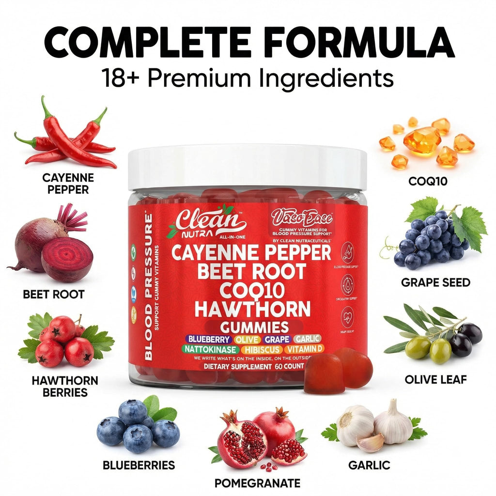 Clean Nutra Cayenne Pepper Beet Root Gummies Beetroot Garlic CoQ10 Hawthorn Berry Grape Seed Extract Olive Leaf Nattokinase Hibiscus Vitamin D Nitric Oxide - VasoEase