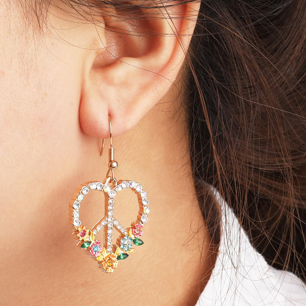 Peace Sign Earrings, 70s Hippie Earrings, Boho Heart Flower Diamond Drop Earrings for Women, Zirconia Love Heart Pendant Dangle Peace Earring, Rose Gold Chain Birthday Valentines Day Jewelry Gifts