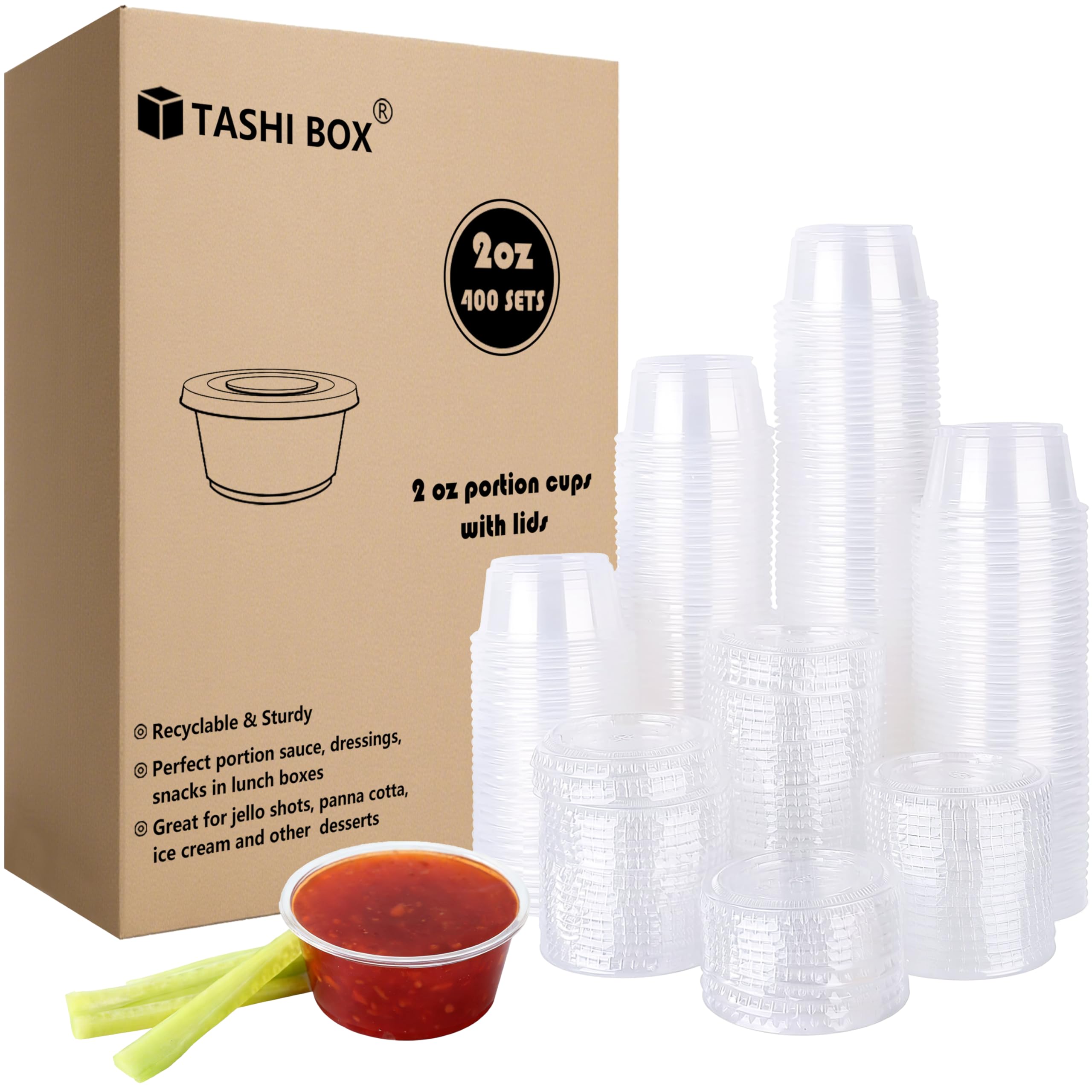 TashiBox 400 Sets - 2 oz Jello Shot Cups with Lids, Small Plastic Portion Cups with Lids, Disposable Condiment Containers for Sauce