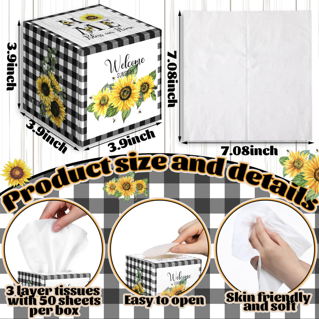 Fourluoo 12 Pack Summer Sunflower Facial Tissues Cube Boxes 600 Sheets 3 Ply Small Black and White Plaid Sunflower Face Tissues Bulk for Summer Car Bedroom Supplies