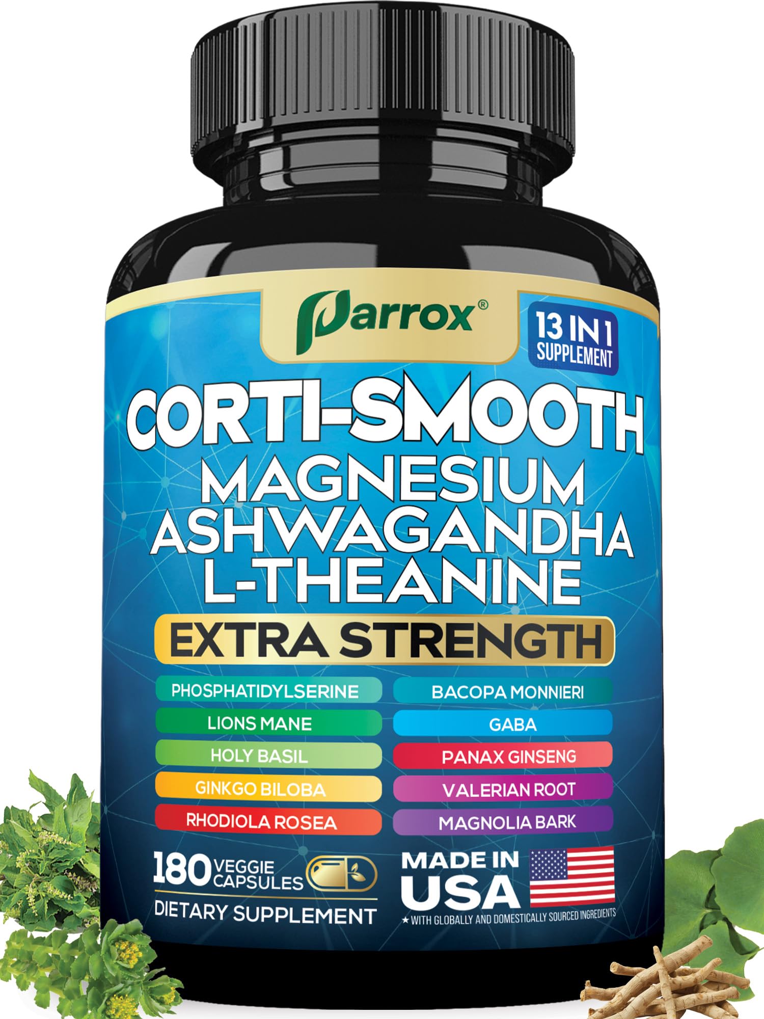 Parrox Corti-Smooth Cortisol Supplement Magnesium, L-Theanine, Ashwagandha, Magnolia Bark, Panax Ginseng, Bacopa Monnieri, GABA, Lions Mane, Ginkgo Biloba, Phosphatidylserine, Valerian Root (180 Caps)