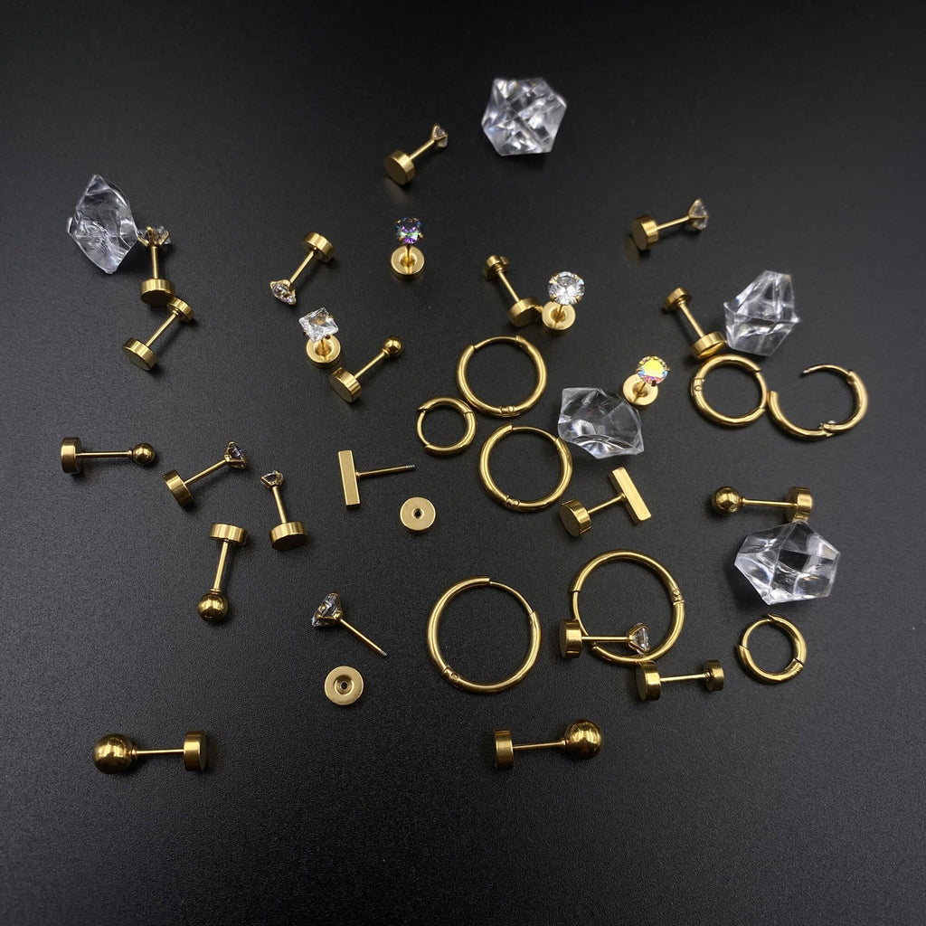 Hypoallergenic Titanium Earrings for Sensitive Ears 14K Gold Plated Opal Ball CZ Heart Flat Back Earrings for Women Men Small Surgical Steel Flatback Stud Hoop Cartilage Earring Set for Multiple Piercing (D-Gold Tone-16Pairs)