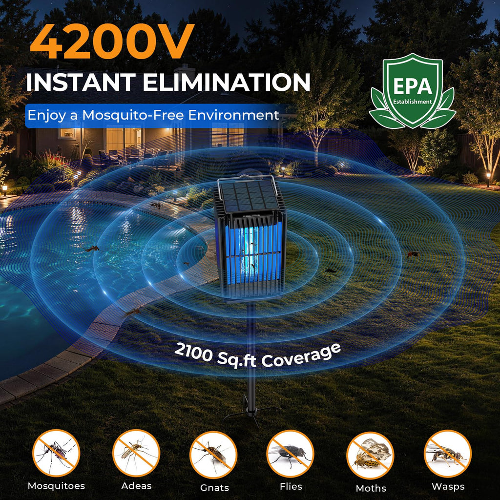 Solar Bug Zapper Outdoor, Solar Mosquito Zapper Outdoor with Ground Bracket, AUTO On/Off Solar Fly Zapper with Illuminated Light, Rechargeable Cordless Mosquito Traps for Camping Paito Backyard Garden