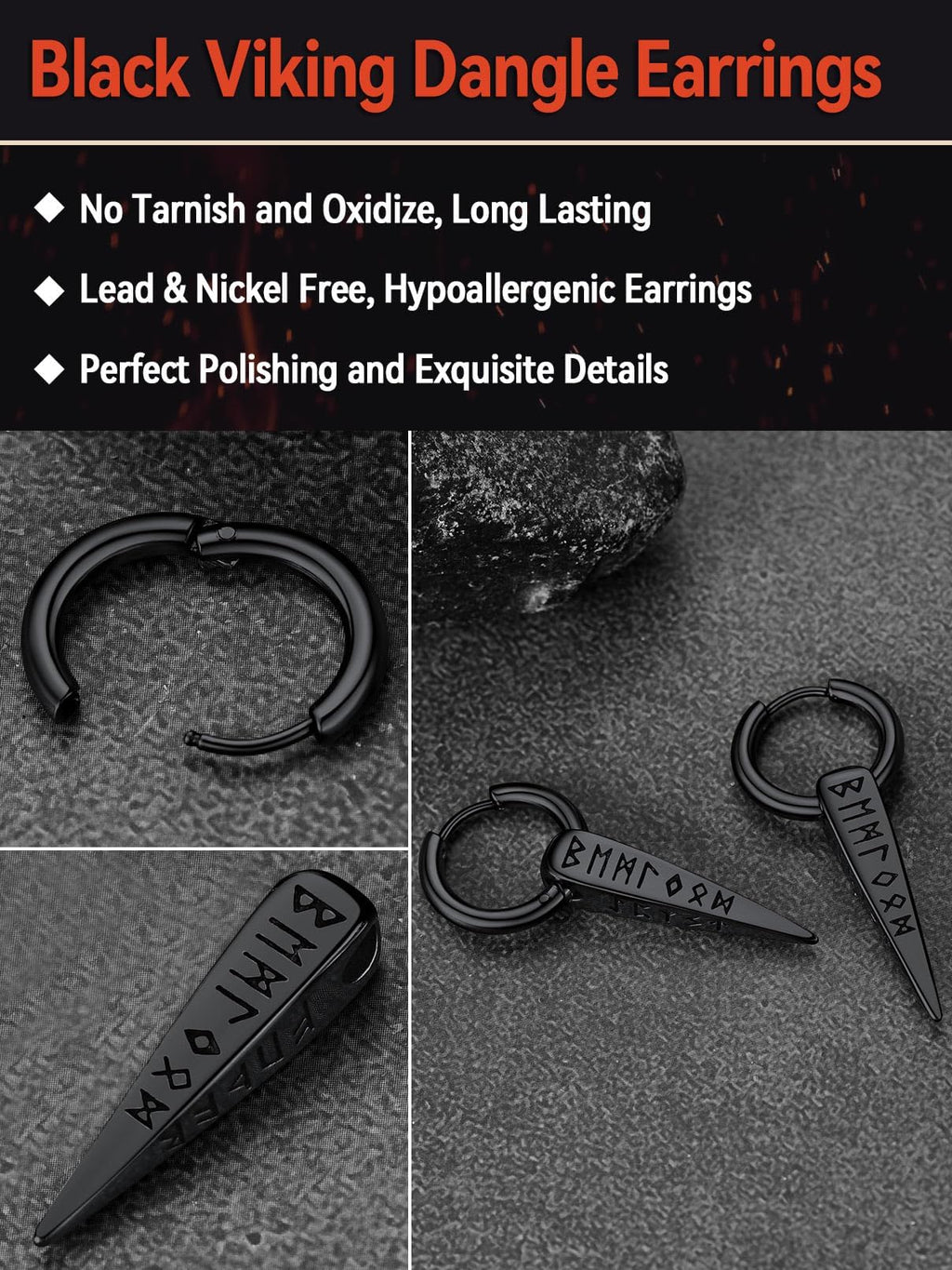 FaithHeart Viking Runes Spike Dangle Huggie Hoop Earrings for Men Black