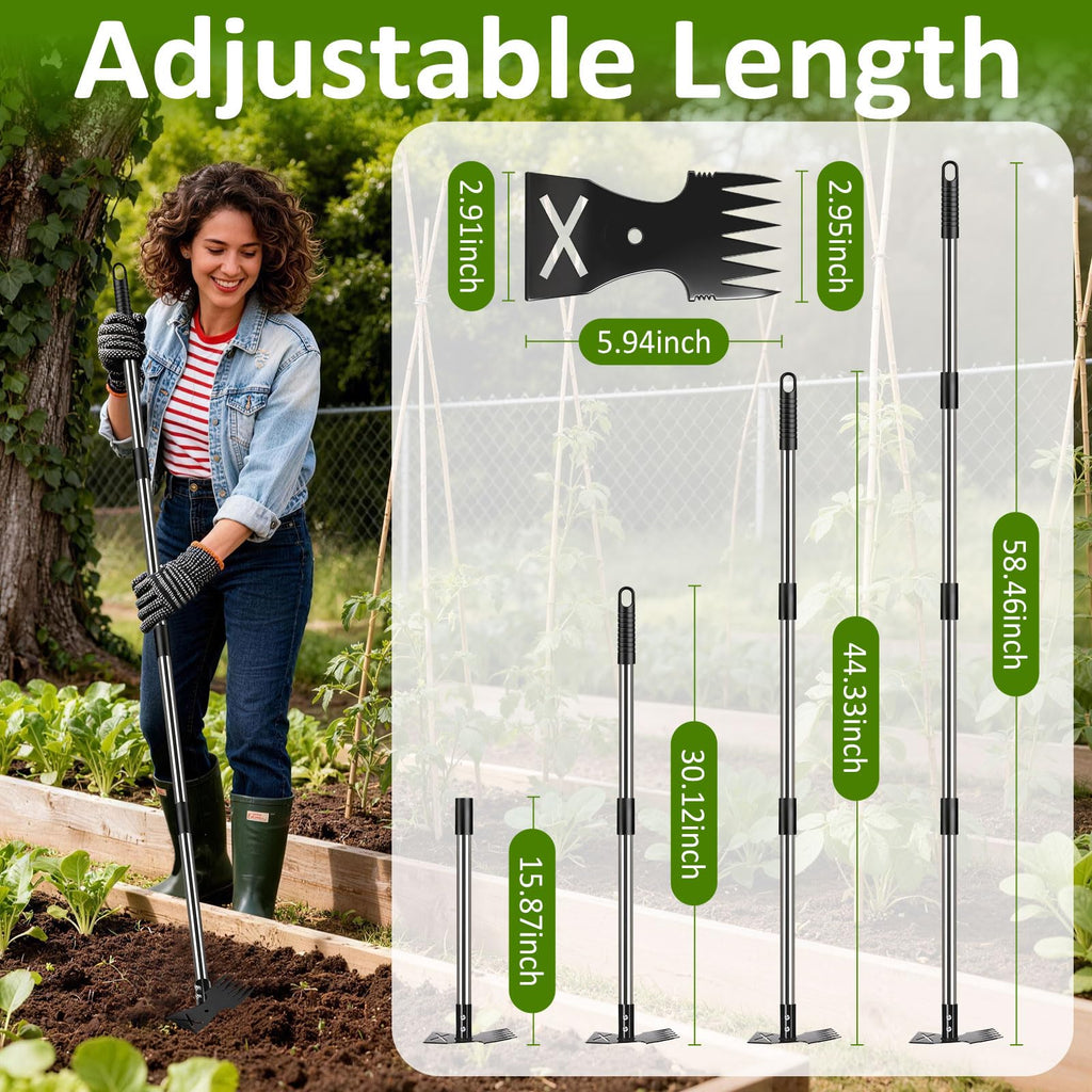 Weed Puller Tool with Long Handle - Adjustable Length Manual Weeder Remover Tool, 2 in 1 Hand Weed Rake and Garden Hoe for Gardening, Uprooting Weeding Tool for Yard, Lawn, Patio, Garden