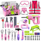 Deejoy Pink Kids Tool Set for Girls-Toddler Tool Set with Electronic Toy Drill & Tool Box, STEM Pretend Play Construction Toys with Costume Vest, Educational Gifts for Age 3 4 5 6 7 Year Old