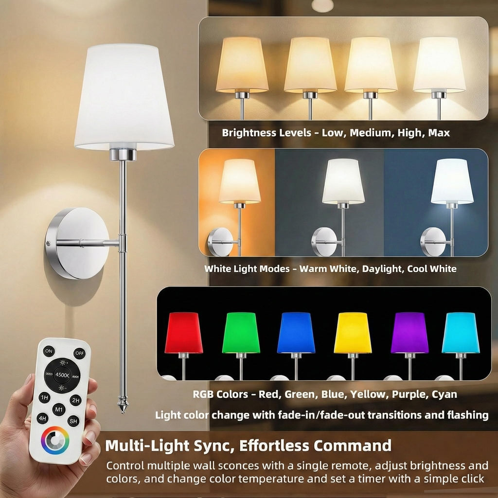 IRONPAX Wall Sconces Battery Operated Set of 2, Wireless Rechargeable Wall Sconce Set of Two, Dimmable Wall Lights with Remote for Bedroom Living Room Hallway Decor (Brushed Nickel, Fabric Shade)