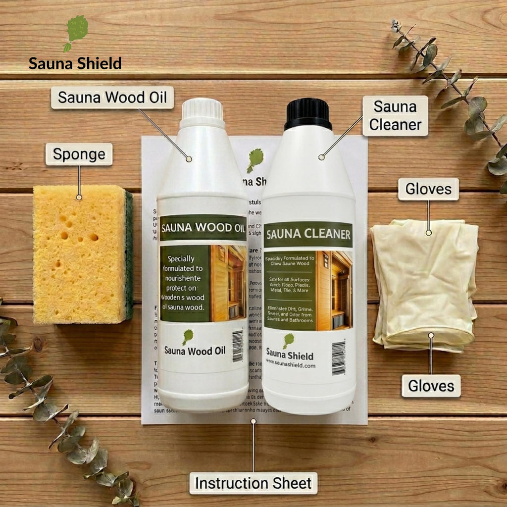 Sauna Shield Sauna Care Set – Sauna Wood Oil & Sauna Cleaner (33.8 fl oz each) with Applicator Sponge & Gloves | Protects, Cleans & Nourishes Sauna Wood | For Traditional & Infrared Saunas