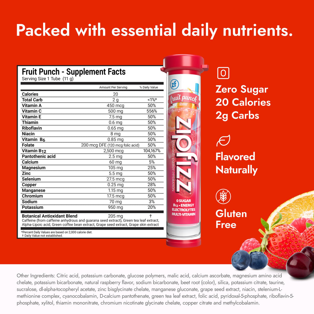 Zipfizz Energy Drink Powder, 20 Pack Electrolyte Mix with B12 - Fruit Punch