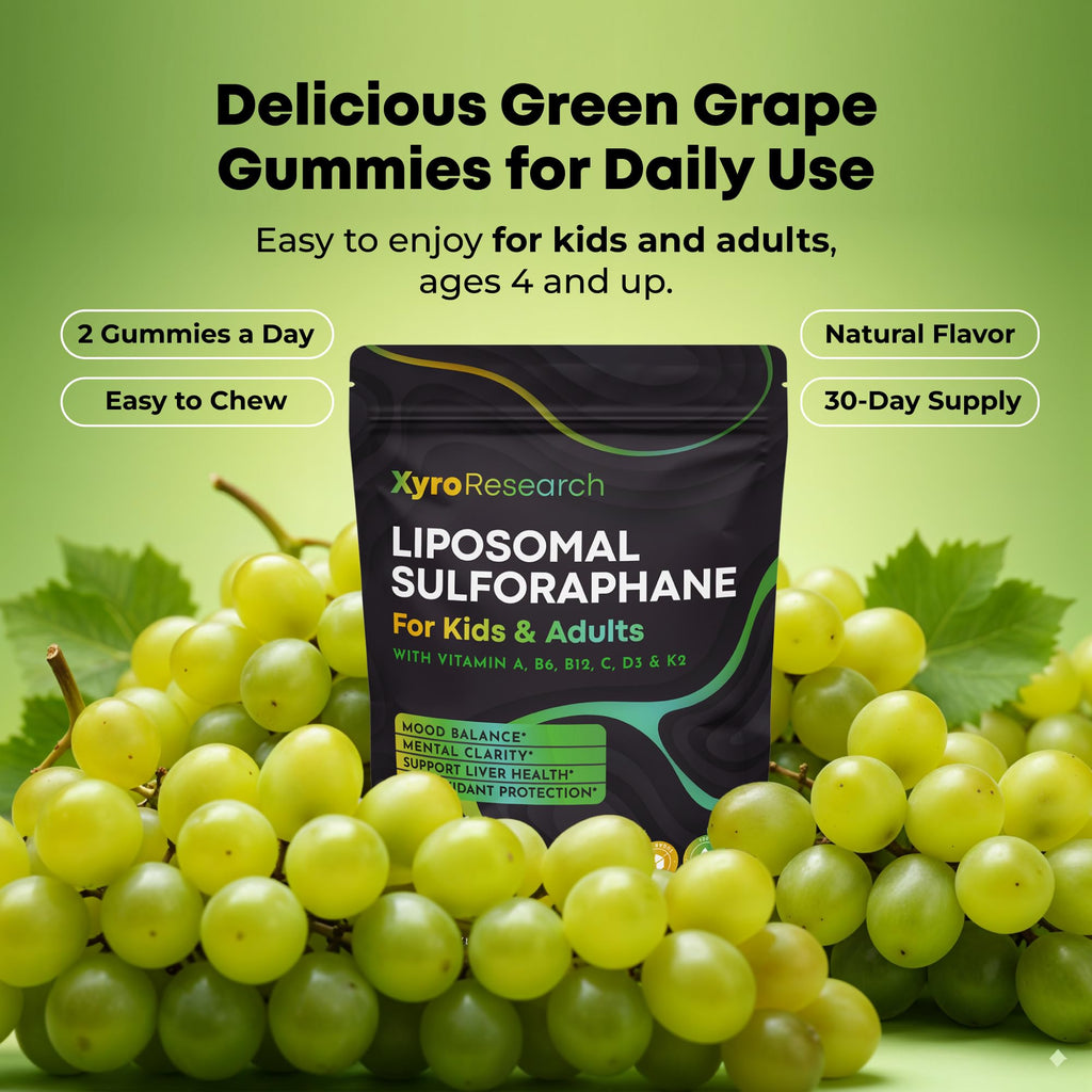 Xyro Research Liposomal Sulforaphane Gummies - 150mg Broccoli Sprout Extract with Vitamins Supplement for Kids Adults - Antioxidant Cellular Health & Liver Detox Support - Non-GMO Vegan Sugar-Free