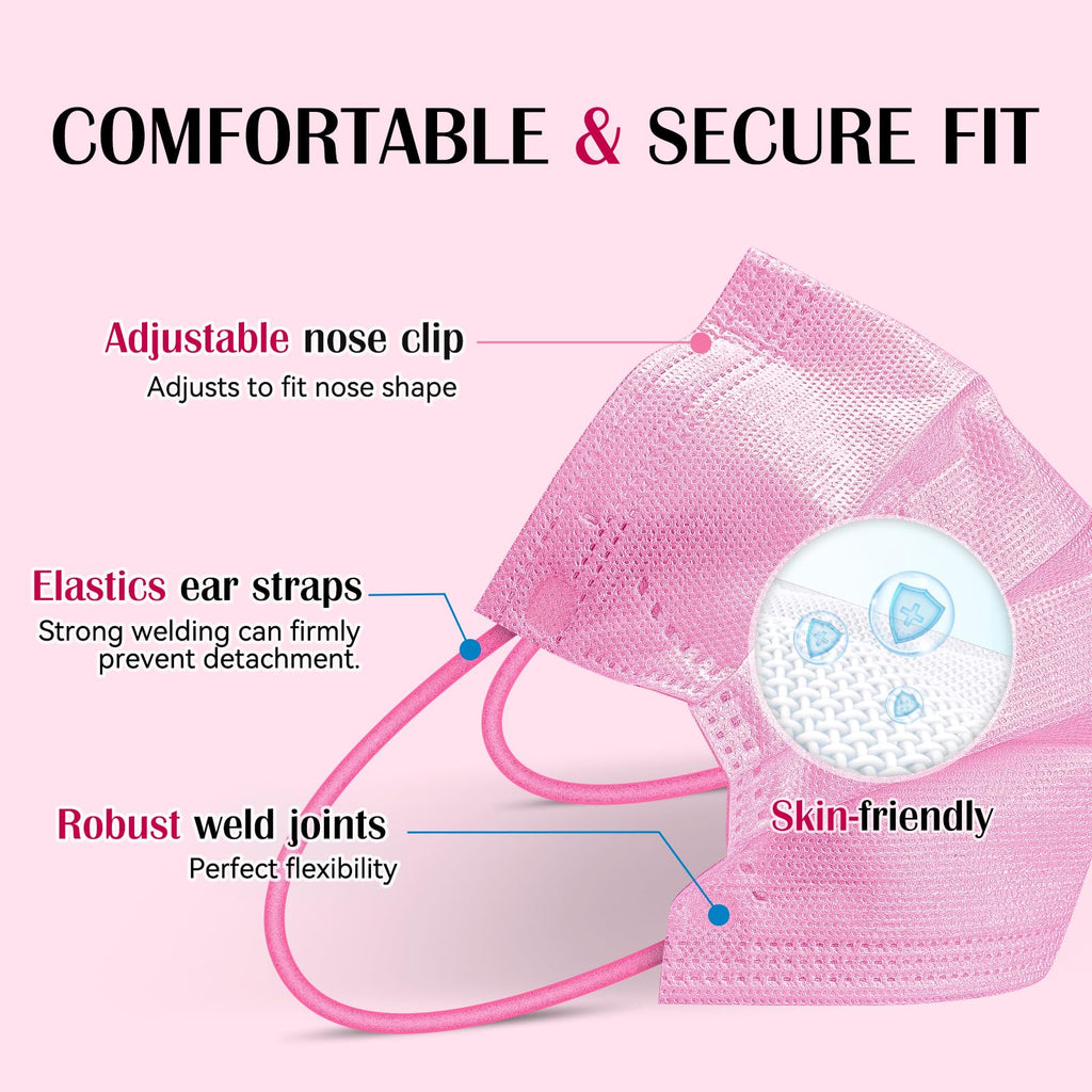 Disposable Face Mask Adults Pink - 100 Pack Individually Wrapped, 4 Ply Protection, Breathable and Comfortable Safety Masks for Women & Men