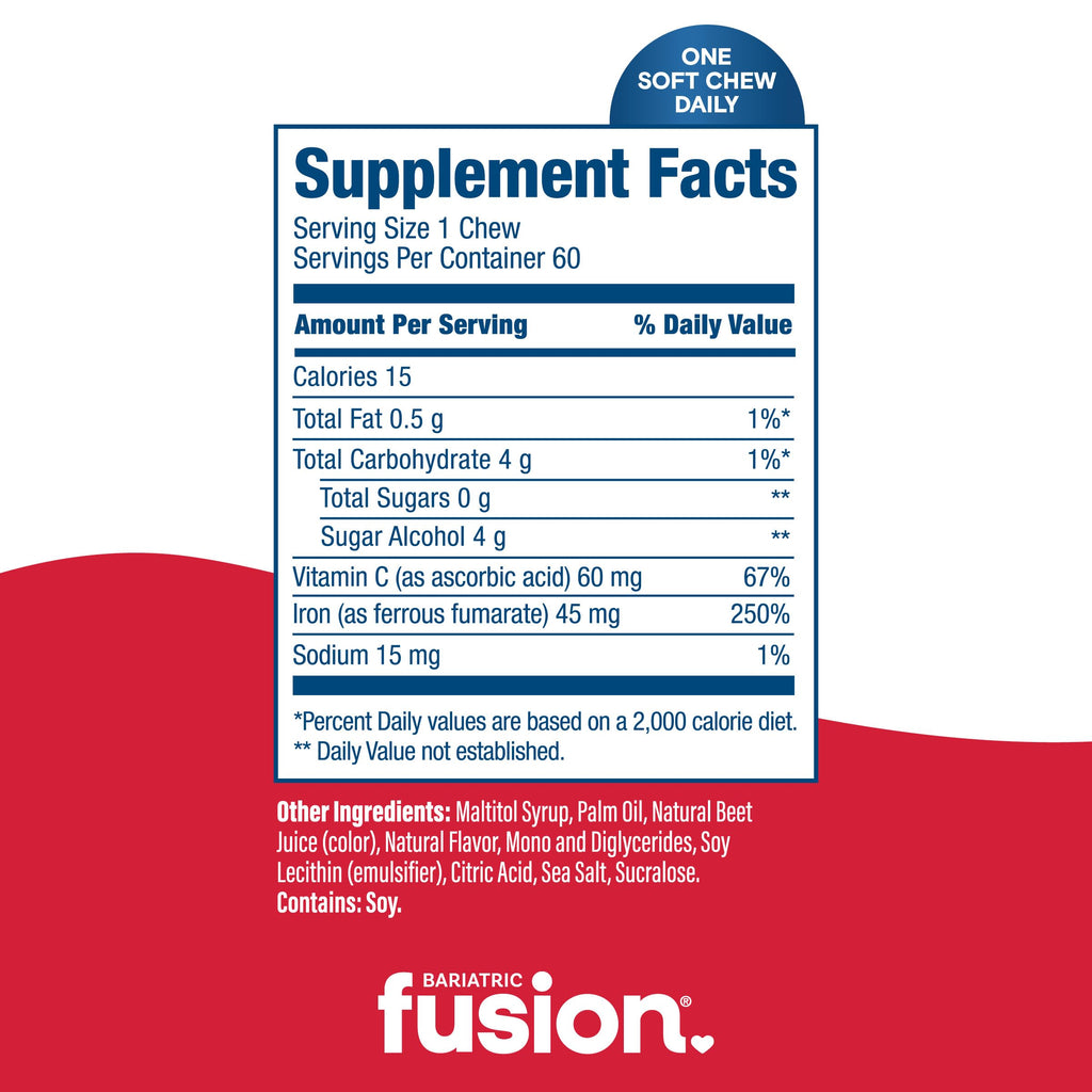 Bariatric Fusion Iron Supplement for Women Anemia | Chewable Iron with Vitamin C | Cherry Flavored Soft Chew | Gentle on Stomach Ferrous Fumarate for Women and Men | Gluten Free | 60 Count