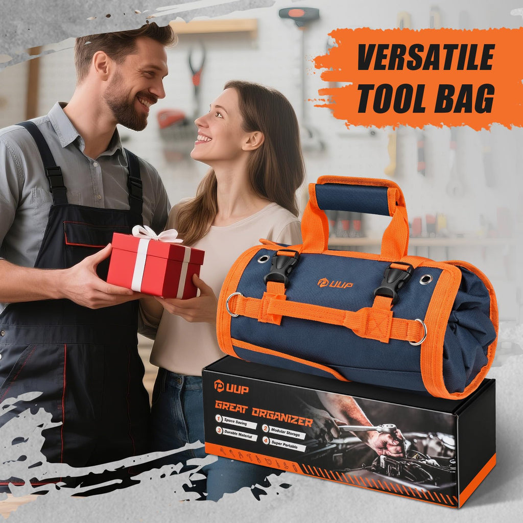 Tool Bag Roll Up, UUP Heavy Duty Rolled Empty Tool Storage Organization, Portable Foldable Rollup Organizer with 2 Small Pouches, Rollable Carrying Toolbag, Dad Men Mechanic Birthday Gift, Blue Orange