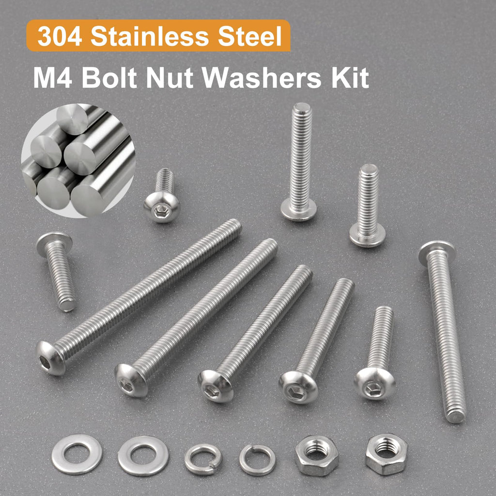 VGBUY 300pcs M4 Screws Assortment, M4 Screws Bolts for 3D Printer DIY, Hex Button Head Cap Screw Bolts Nuts Washer Kit, 304 Stainless Steel, 25/30/35/40/45/50mm