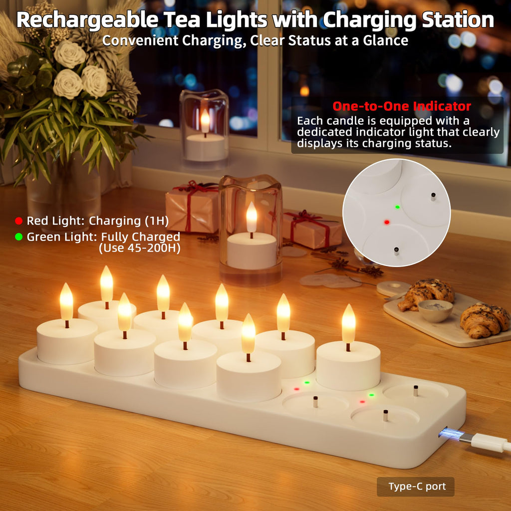 Rechargeable Flameless Tea Lights Candle with Charging Station Remote 12Pcs