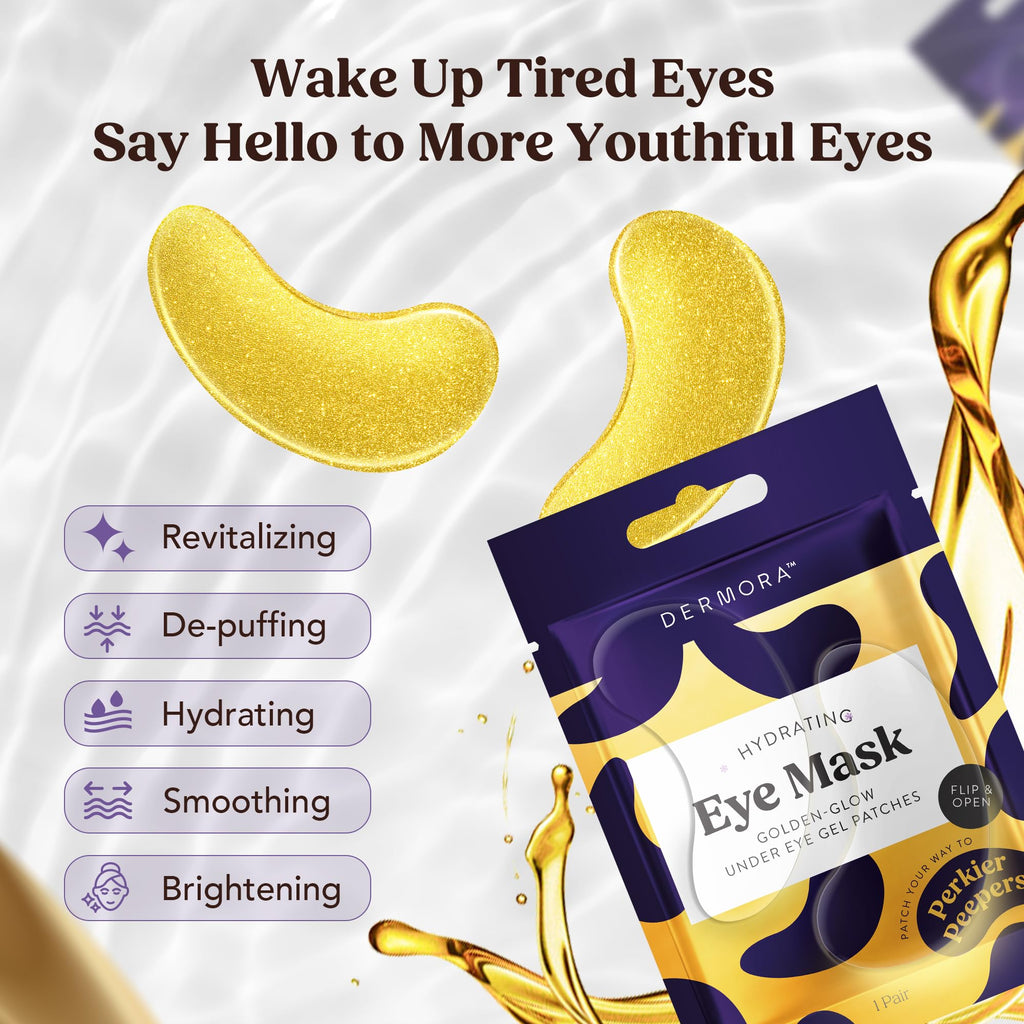 DERMORA Golden Glow Under Eye Patches | Rejuvenating Treatment | Dark Circles, Puffy Eyes, Refreshing, Revitalizing, Travel, Wrinkles | 20 Pairs Eye Gels