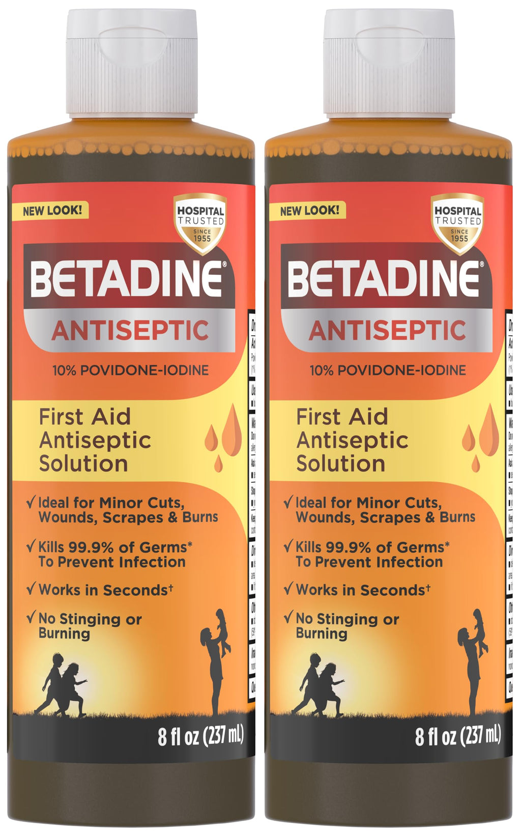 Betadine Antiseptic Povidone Iodine Solution 8 Fl Oz, Pack of 2, Kills Germs in Minor Cuts/Scrapes/Burns, Povidone Iodine Liquid, No Sting, No Alcohol or Hydrogen Peroxide