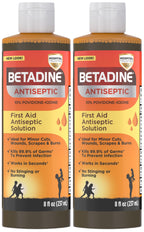 Betadine Antiseptic Povidone Iodine Solution 8 Fl Oz, Pack of 2, Kills Germs in Minor Cuts/Scrapes/Burns, Povidone Iodine Liquid, No Sting, No Alcohol or Hydrogen Peroxide