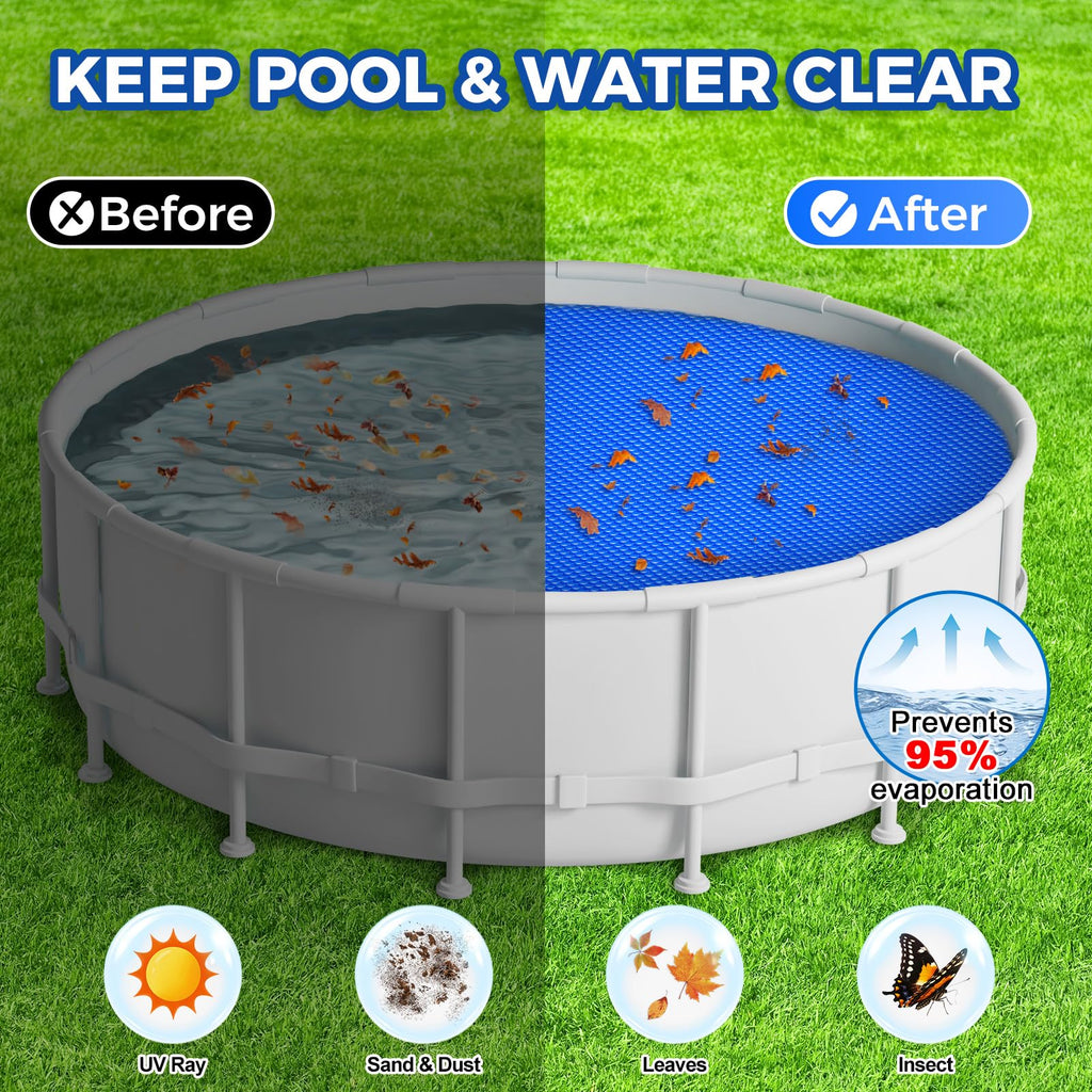 KETNET Solar Pool Cover 15 ft Round for 6-24ft Above Ground Inground Pools, Hot Tub Spa Thermal Heating Bubble Wrap Covers, 12 Mil Heavy-Duty Circle Blue Floating Blanket Mat for Swimming Pools