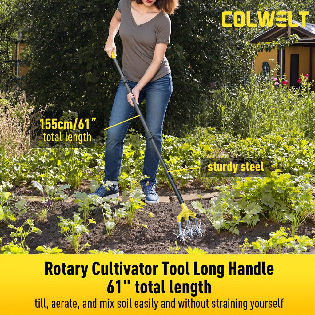 Colwelt Rotary Cultivator Garden Tool 61’’, Hand Tiller Garden Tool with Detachable Aluminum Tines, Cultivators for Gardening Soil or Reseeding Grass, Manual Cultivators & Tillers for Flowers Beds