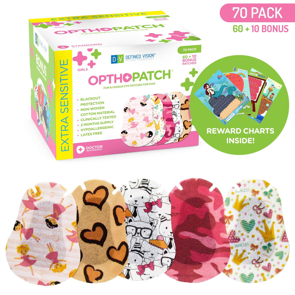 Opthopatch Kids Eye Patches - Fun Girls Design [Series I] - 60 + 10 Bonus Latex Free Hypoallergenic Cotton Adhesive Bandages for Amblyopia and Cross Eye - 3 Reward Chart Posters by Defined Vision