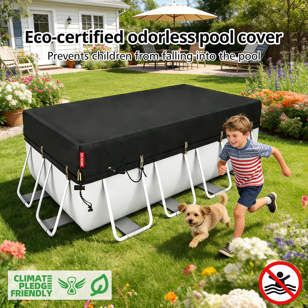 QH.HOME 8x16ft Rectangular Pool Cover,[Ultimate Windproof & Tear-Resistant Fabric],Snug Fit with Patented Ratchet & Weight Rings,Solar Pool Cover for Above Ground Pools, Blocks Leaves &Waterproof