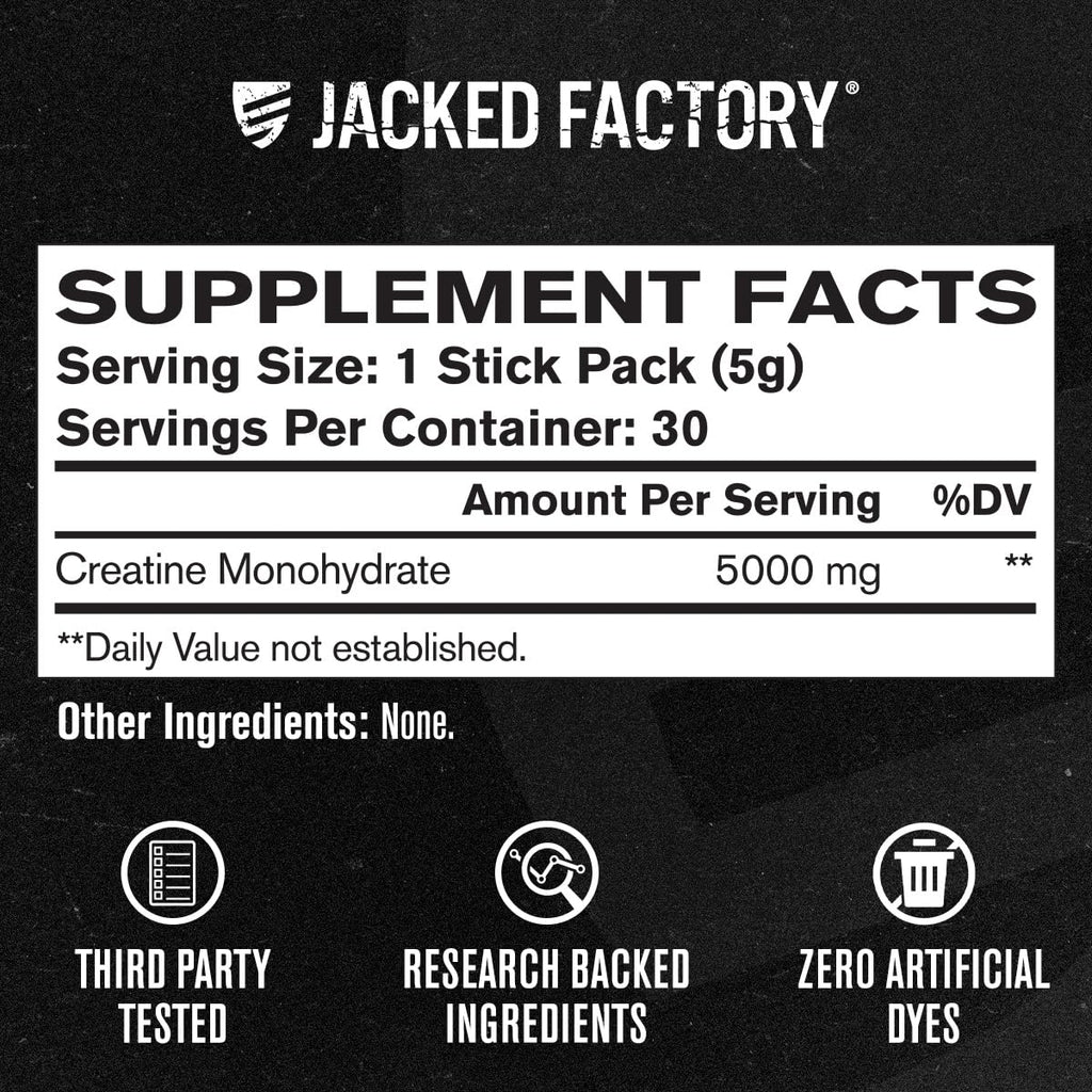 Jacked Factory Creatine Monohydrate Stick Packs 150g - 5g Daily Creatine Supplement for Men and Women, Vegan-Friendly, Third-Party Tested - 30 Servings, Unflavored