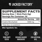 Jacked Factory Creatine Monohydrate Stick Packs 150g - 5g Daily Creatine Supplement for Men and Women, Vegan-Friendly, Third-Party Tested - 30 Servings, Unflavored