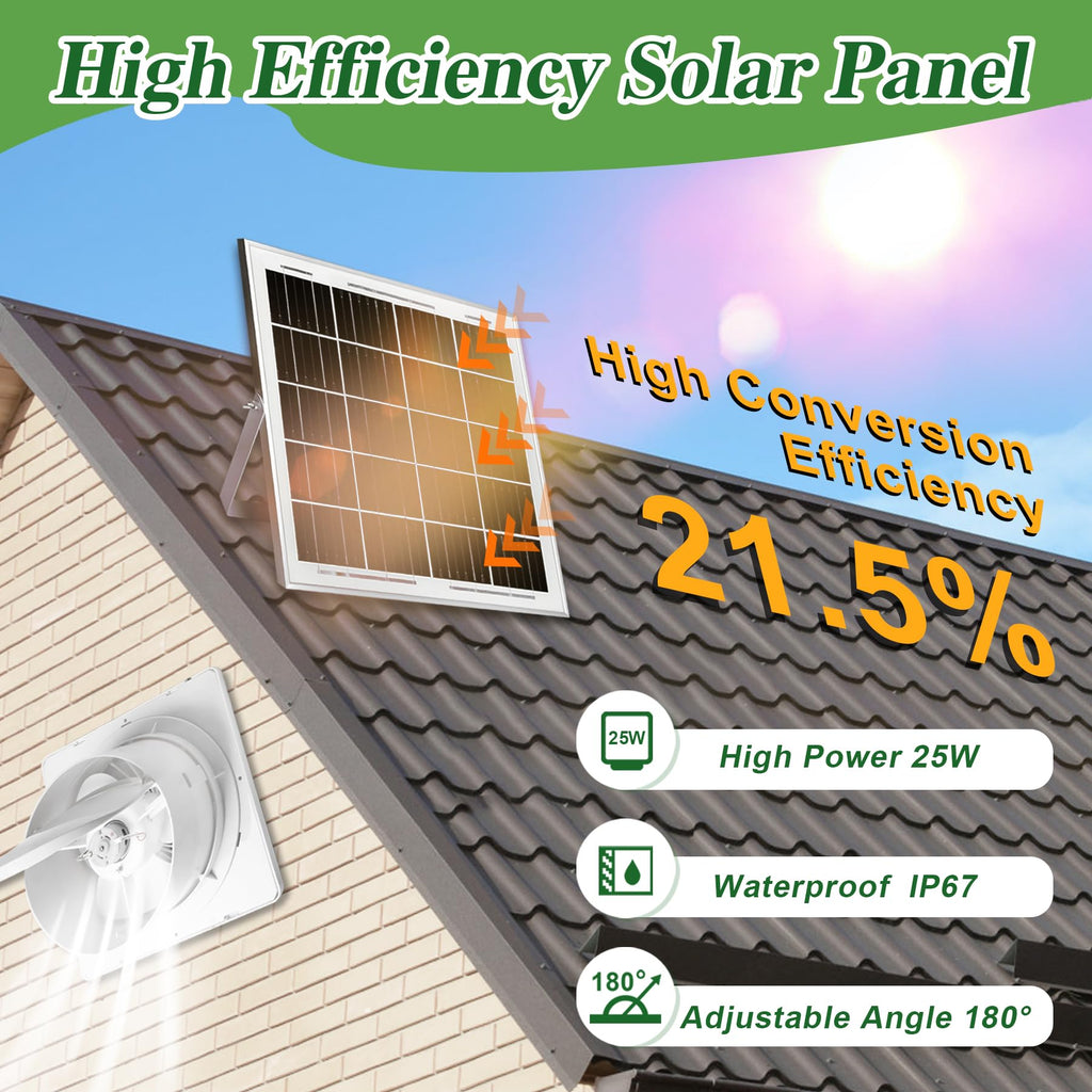 Solar Exhaust Fan, 25W Solar Panel + 8" Ventilation Vent Fan, with Power Adapter, Anti-backflow Valve, High Speed Solar Powered Exhaust Fan for Shed, Chicken Coop, Greenhouse, Dog House (White)